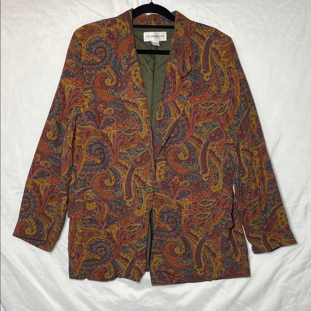 🍁 Liz Claiborne Collection Fall Colors Silky-Feel Long Blazer Jacket, Sz 14